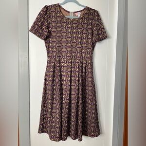 Lularoe Fit & Flare Dress-Knit, brown/plum/periwinkle/yellow pattern, Large